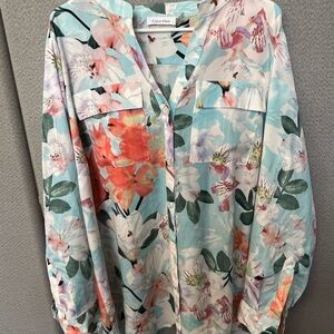 Calvin Klein Aqua and Peach Floral Top
